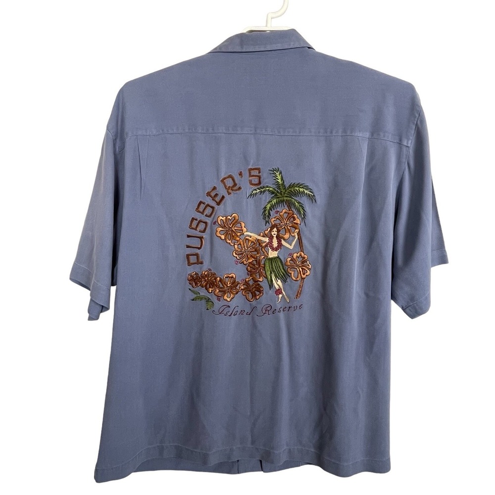 Pusser's Island Reserve Camp Shirt Mens Large Blue 100% Silk Embroidered Hula